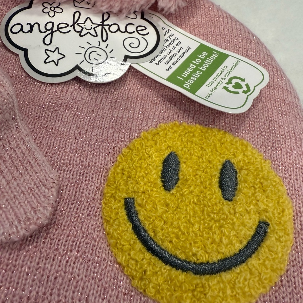 Angel Face toddler pink metallic beanie & mitten set smiley face patch soft warm